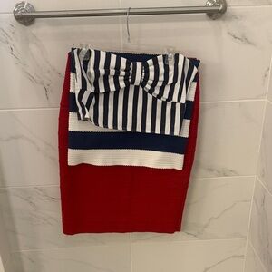 2 Women’s Striped white and Blue tube tops and 1 Red Women's Skirt